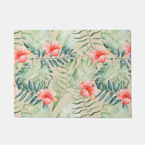 Tropical Leaves Hibiscus Floral Watercolor Doormat