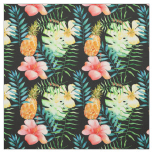 Tropical Leaves Hibiscus Floral Watercolor Fabric