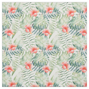 Tropical Leaves Hibiscus Floral Watercolor Fabric