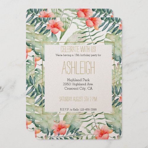 Tropical Leaves Hibiscus Floral Watercolor Invitation