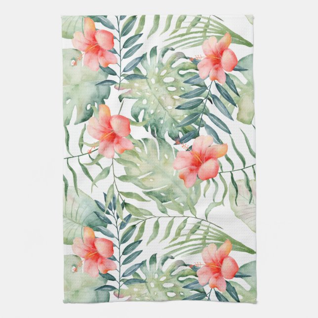 Tropical Leaves Hibiscus Floral Watercolor Kitchen Towel (Vertical)