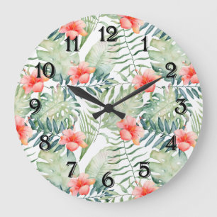 Tropical Leaves Hibiscus Floral Watercolor Large Clock