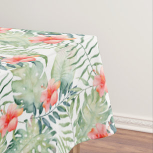 Tropical Leaves Hibiscus Floral Watercolor Tablecloth