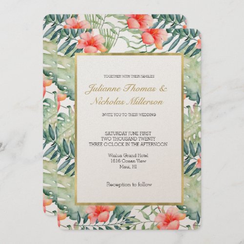 Tropical Leaves Hibiscus Floral Watercolor Wedding Invitation