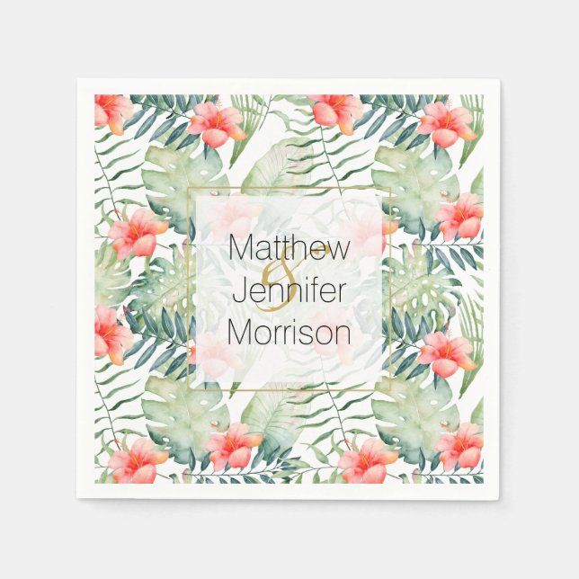 Tropical Leaves Hibiscus Floral Watercolor Wedding Napkins (Front)