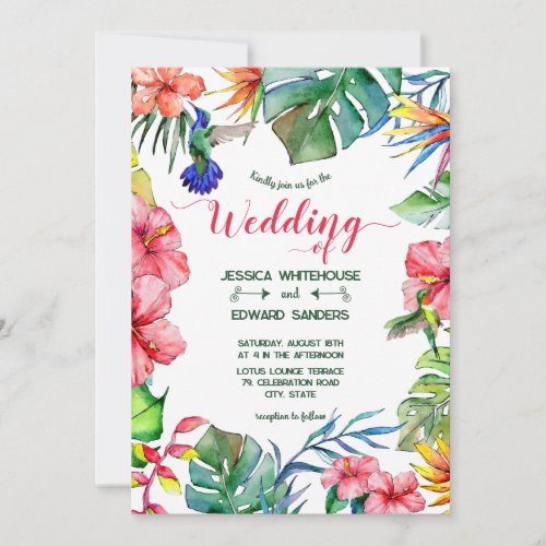 Tropical Leaves Hibiscus Hawaiian Luau Wedding Invitation