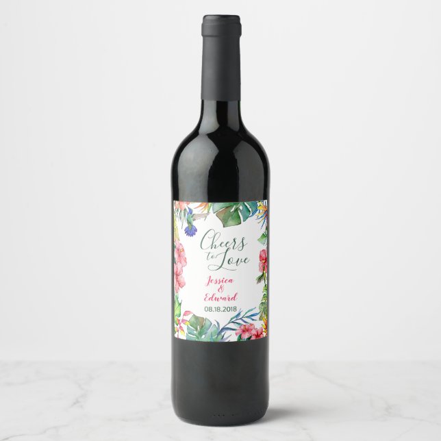 Tropical Leaves Hibiscus Hawaiian Wedding Wine Label (Front)