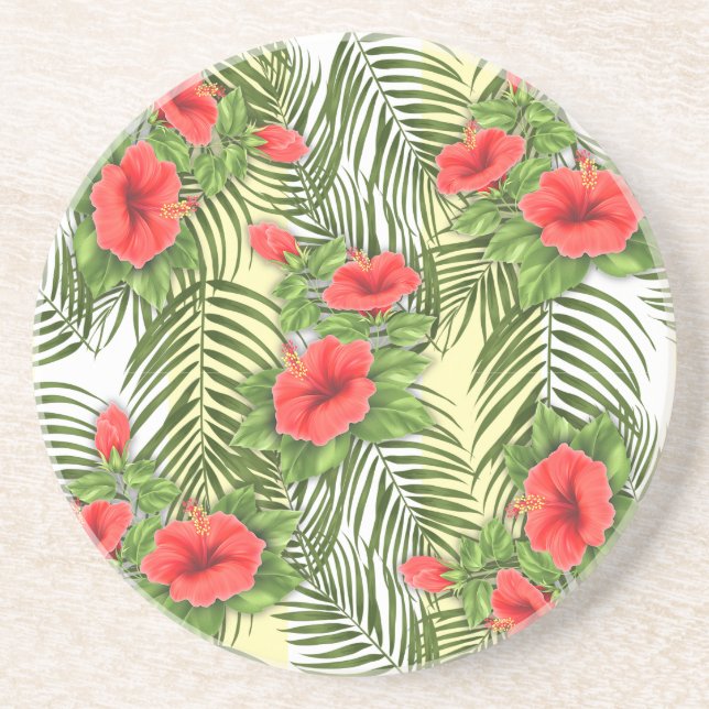 Tropical Leaves & Hibiscus Round Sandstone Coaster (Front)
