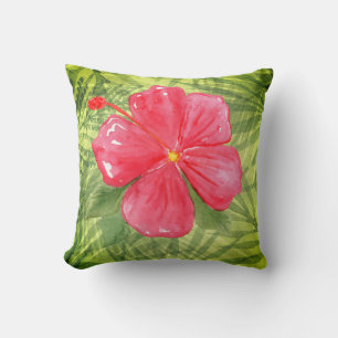 Tropical Leaves & Hibiscus Throw Pillow