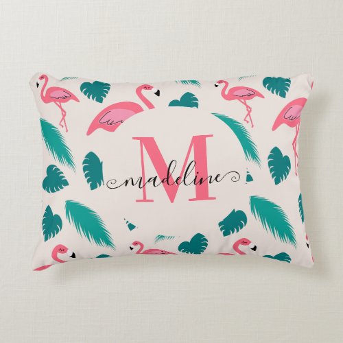 Tropical Leaves Hot Pink Flamingo Modern Monogram Accent Pillow