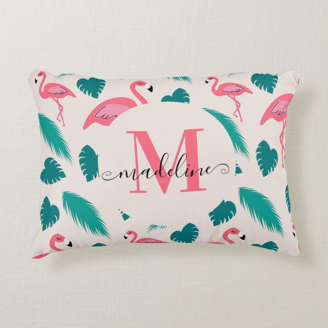 Tropical Leaves Hot Pink Flamingo Modern Monogram Accent Pillow (Front)