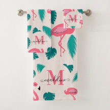Tropical Leaves Hot Pink Flamingo Modern Monogram