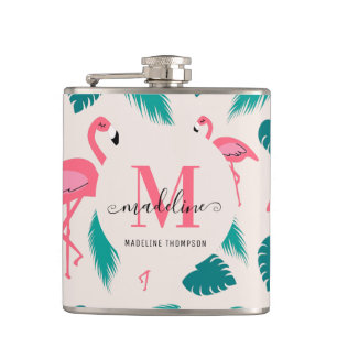 Tropical Leaves Hot Pink Flamingo Modern Monogram Flask