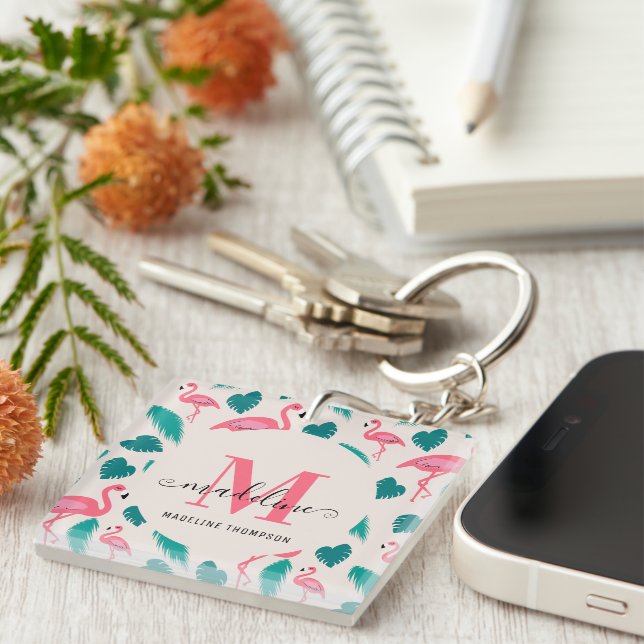 Tropical Leaves Hot Pink Flamingo Modern Monogram Keychain (Front Right)