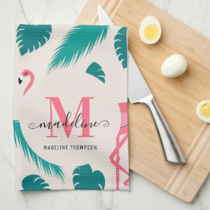 Tropical Leaves Hot Pink Flamingo Modern Monogram Kitchen Towel