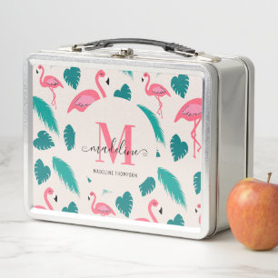 Tropical Leaves Hot Pink Flamingo Modern Monogram Metal Lunch Box