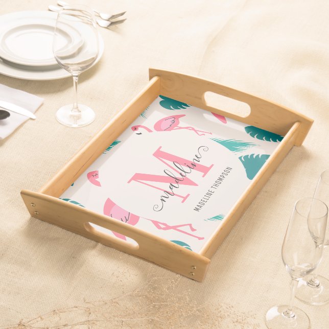 Tropical Leaves Hot Pink Flamingo Modern Monogram Serving Tray (Front)