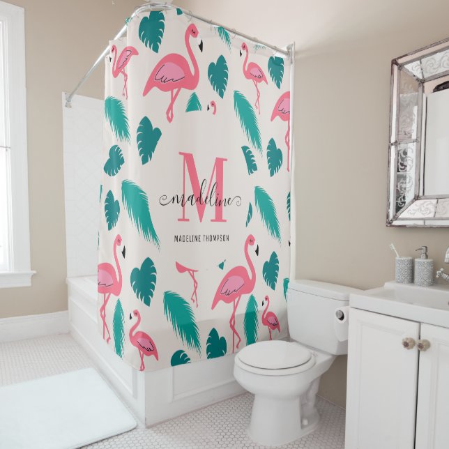 Tropical Leaves Hot Pink Flamingo Modern Monogram Shower Curtain (In Situ)