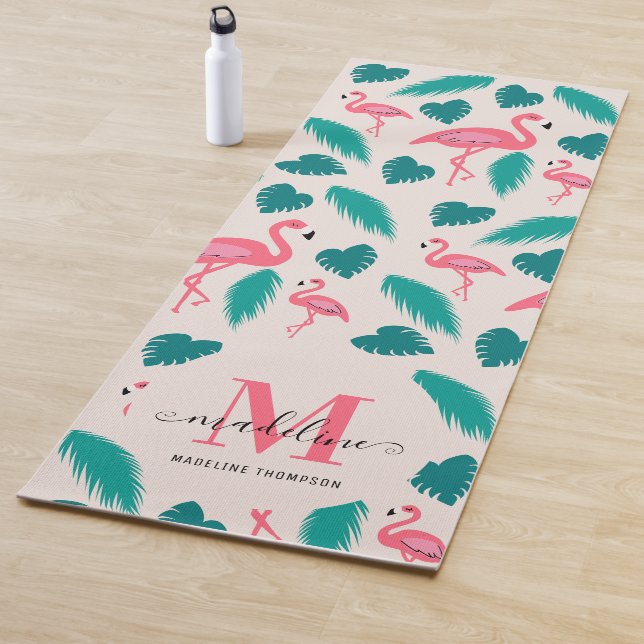 Tropical Leaves Hot Pink Flamingo Modern Monogram Yoga Mat (In Situ)