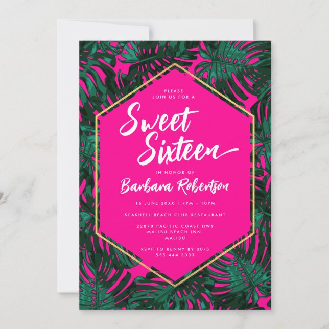 Tropical Leaves Hot Pink Green Sweet Sixteen Invitation (Front)