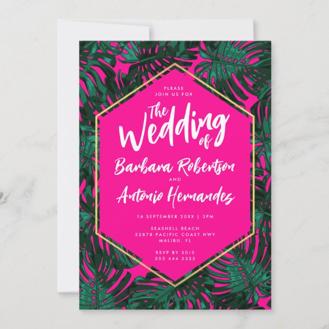 Tropical Leaves Hot Pink Green Wedding Invitation (Front)
