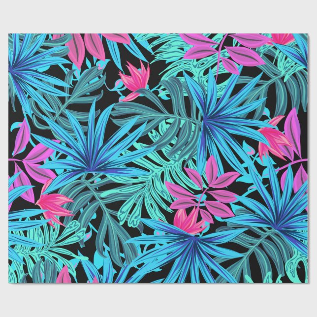  Tropical Leaves in Blue & Pink Gift Wrapping Paper (Flat)