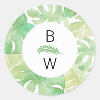 Tropical Leaves In Watercolor Classic Round Sticker by kittypieprints at Zazzle