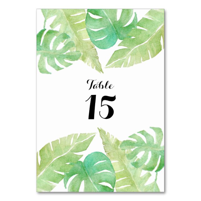 Tropical Leaves in Watercolor Table Number (Front)