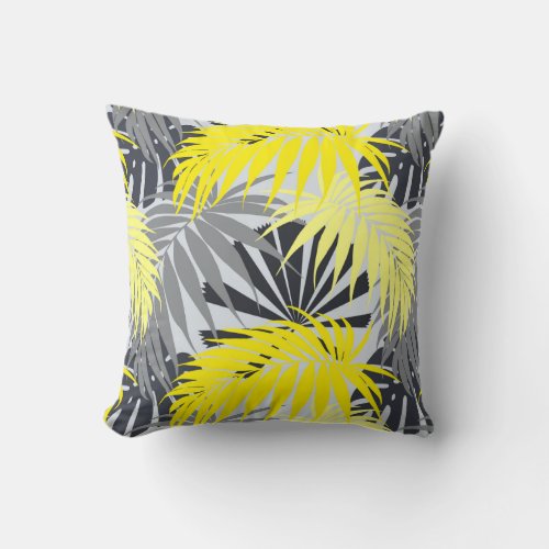 Tropical Leaves in Yellow and Gray Throw Pillow