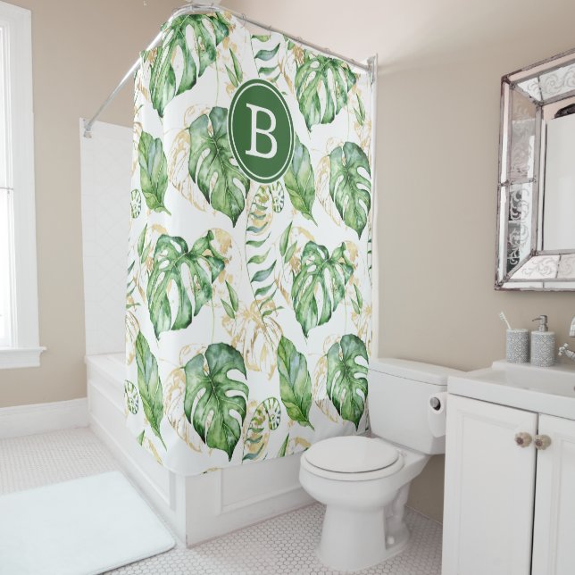 Tropical Leaves Initial Shower Curtain (In Situ)