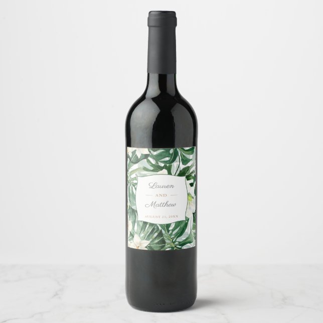 Tropical Leaves Jungle Foliage Wedding Shower Wine Label (Front)