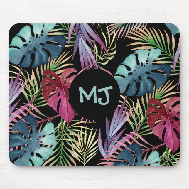 Tropical Leaves Jungle Pattern with Monogram Mouse Pad (Front)