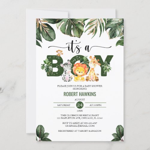 Tropical Leaves Jungle Safari Animals Baby Shower  Invitation