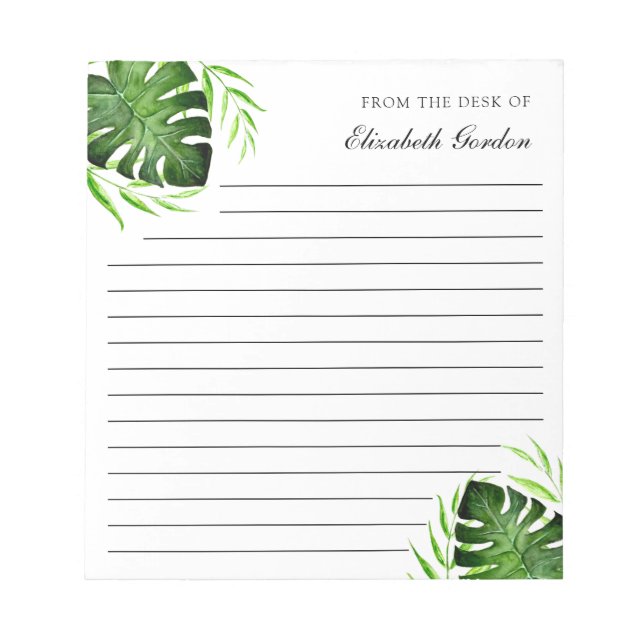 Tropical Leaves Jungle Script Personalized Chic  Notepad (Front)