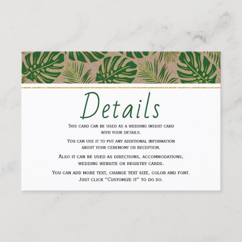 Tropical leaves kraft paper wedding insert card