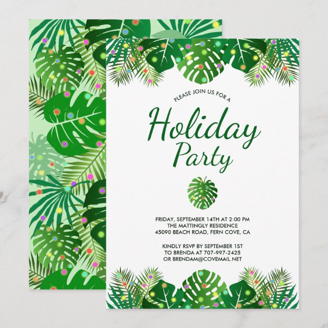 Tropical Leaves Lights Foliage Holiday Beach Party Invitation (Front/Back)