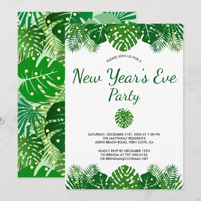 Tropical Leaves Lights Modern New Year's Eve Party Invitation (Front/Back)