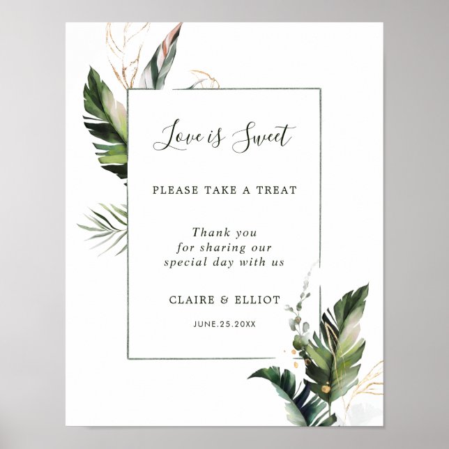 Tropical Leaves Love is Sweet Dessert Bar Sign (Front)