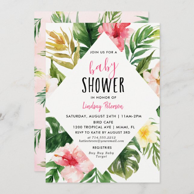 Tropical Leaves Luau Baby Shower Invitation Card (Front/Back)