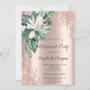 Tropical Leaves Magnolia Glitter Drips Retirement Invitation