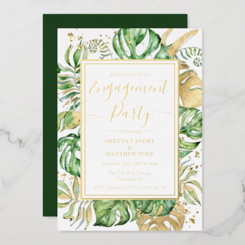 Tropical Leaves Modern Engagement Party Gold Foil Invitation