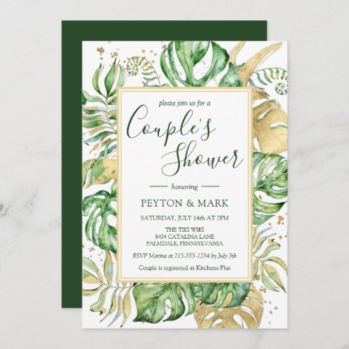 Tropical Leaves Modern Gold Frame Couples Shower  Invitation