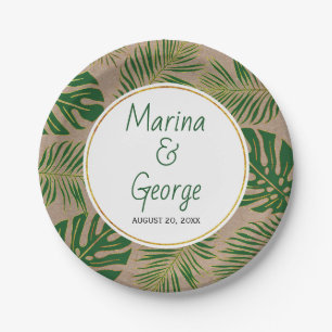 Tropical leaves modern green, gold rustic wedding paper plates