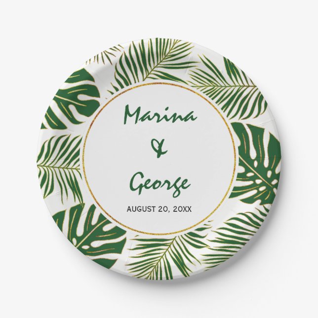 Tropical leaves modern green gold wedding paper plates (Front)