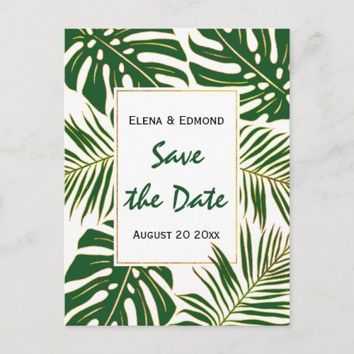 Tropical leaves modern green wedding Save the Date Announcement Postcard