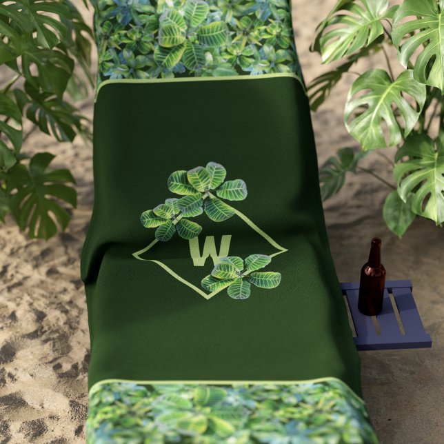 Tropical Leaves Modern Monogram Green Beach Towel (Just add your initial to this Tropical Leaf Pattern Beach Towel!)