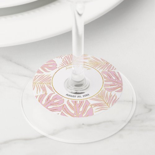 Tropical leaves modern pink and gold wedding wine glass tag