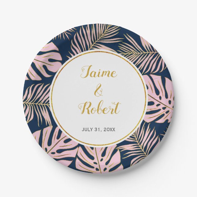 Tropical leaves modern pink, gold navy wedding paper plates (Front)