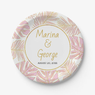 Tropical leaves modern pink, gold wedding paper plates