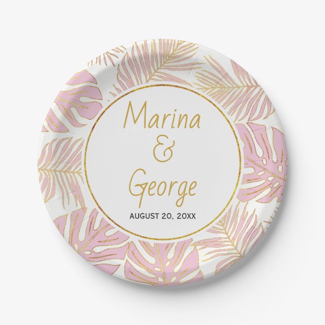 Tropical leaves modern pink, gold wedding paper plates (Front)